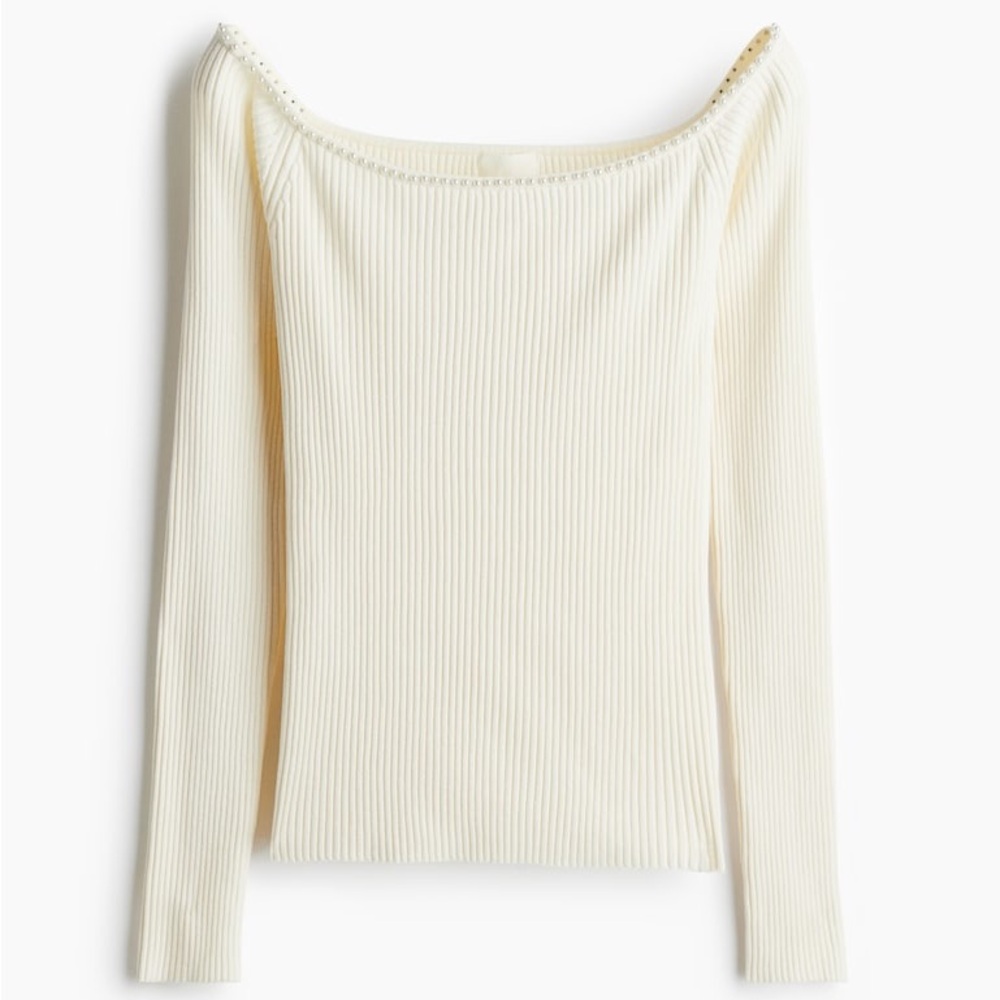 H&M Pearl-Embellished Ribbed Top